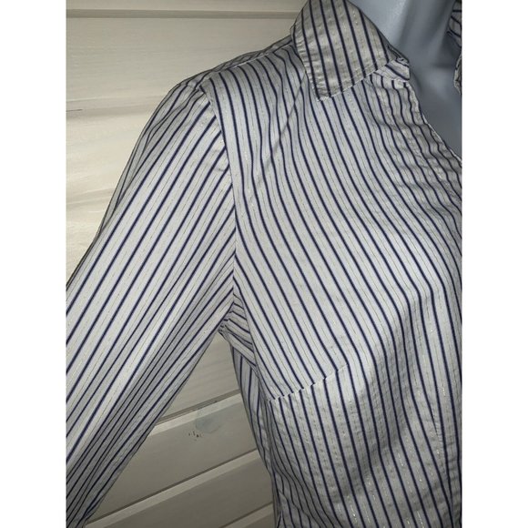 Style & Co Sz 6 White Blue Silver Striped L/S Tunic Blouse Metallic Career EUC - Picture 4 of 9